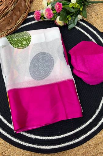 Pink printed satin border saree with unstitched blouse