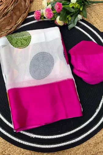 Pink printed satin border saree with unstitched blouse