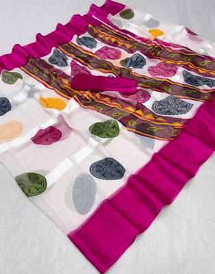 Pink printed satin border saree with unstitched blouse 2