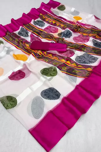 Pink printed satin border saree with unstitched blouse
