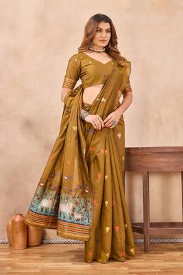 Mustard linen festive saree with unstitched blouse piece 2