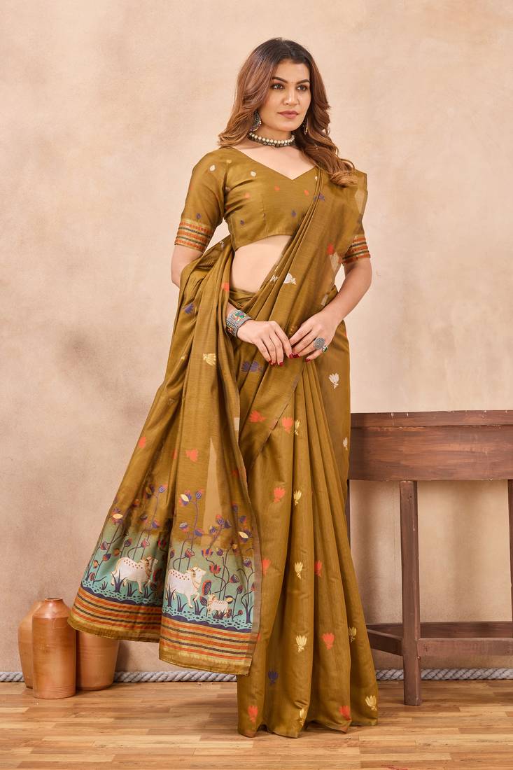 Mustard linen festive saree with unstitched blouse piece