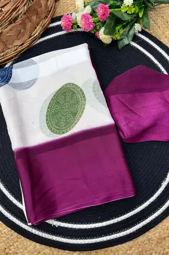 Wine purple printed satin border saree with unstitched blouse