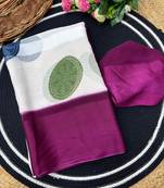 Wine purple printed satin border saree with unstitched blouse