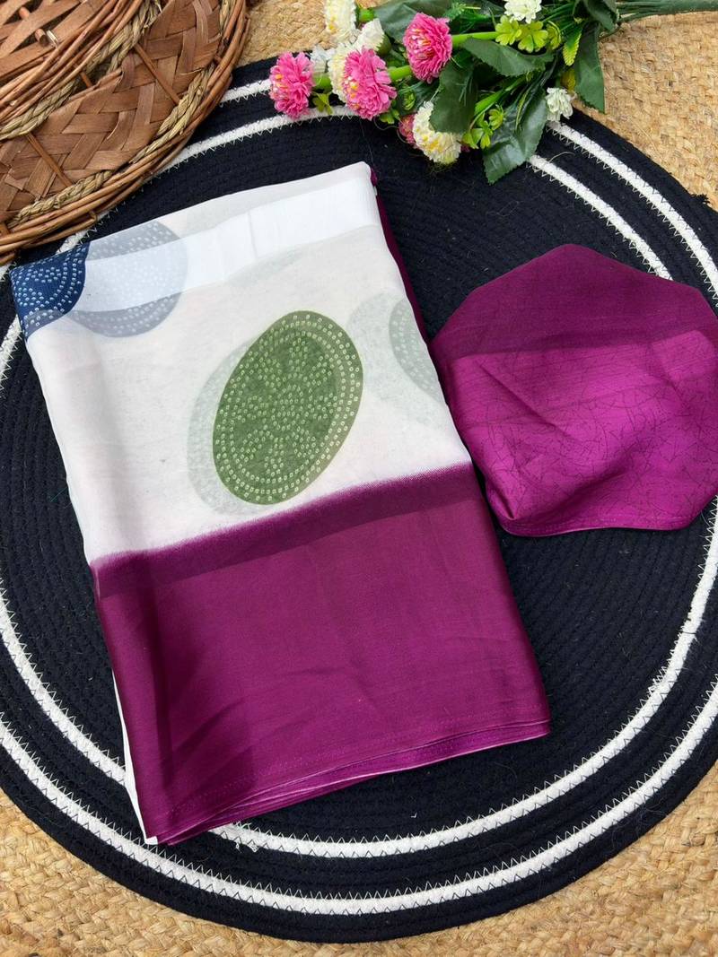 Wine purple printed satin border saree with unstitched blouse