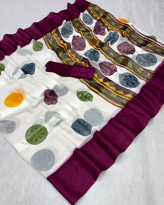 Wine purple printed satin border saree with unstitched blouse 2