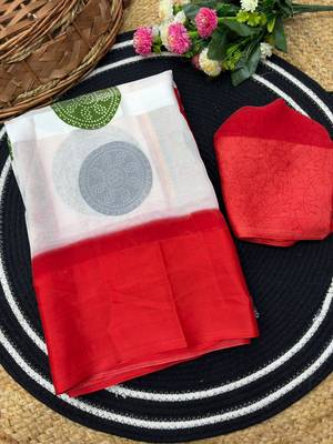 Cherry red printed satin border saree with unstitched blouse 1