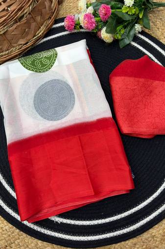 Cherry red printed satin border saree with unstitched blouse