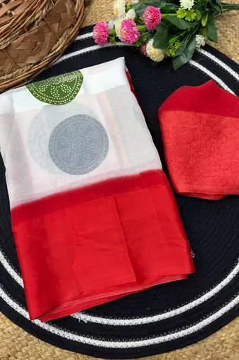 Cherry red printed satin border saree with unstitched blouse