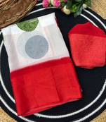 Cherry red printed satin border saree with unstitched blouse
