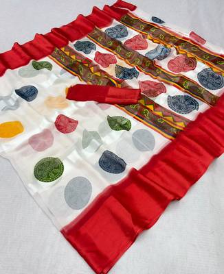 Cherry red printed satin border saree with unstitched blouse 2