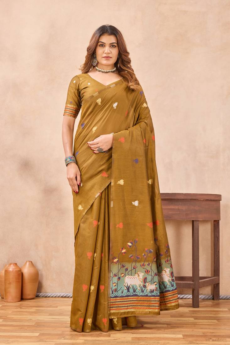 Mustard linen festive saree with unstitched blouse piece