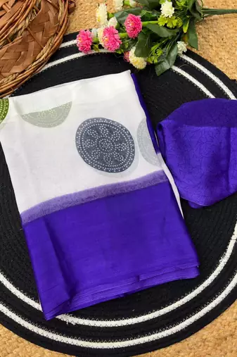 Royal blue printed satin border saree with unstitched blouse
