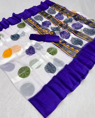Royal blue printed satin border saree with unstitched blouse 2