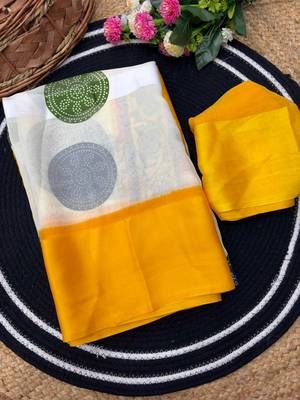 Yellow printed satin border saree with unstitched blouse 1