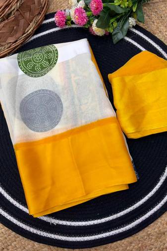 Yellow printed satin border saree with unstitched blouse