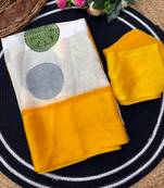Yellow printed satin border saree with unstitched blouse