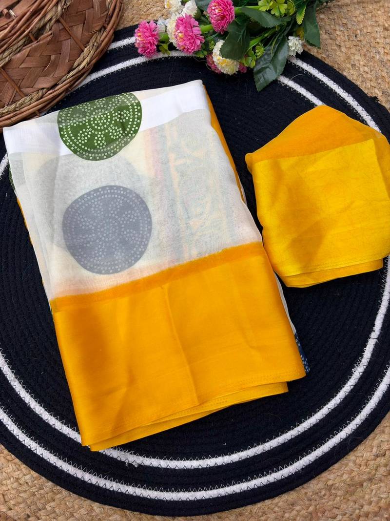 Yellow printed satin border saree with unstitched blouse