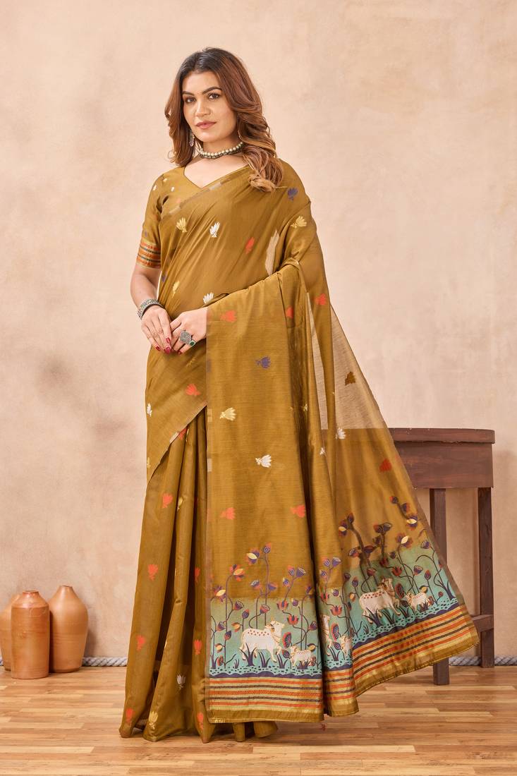 Mustard linen festive saree with unstitched blouse piece