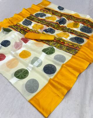 Yellow printed satin border saree with unstitched blouse 2