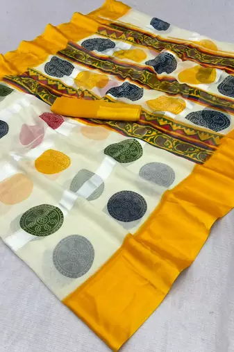 Yellow printed satin border saree with unstitched blouse
