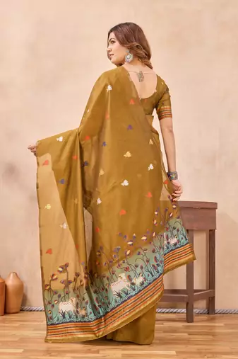 Mustard linen festive saree with unstitched blouse piece