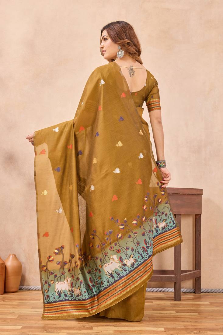 Mustard linen festive saree with unstitched blouse piece