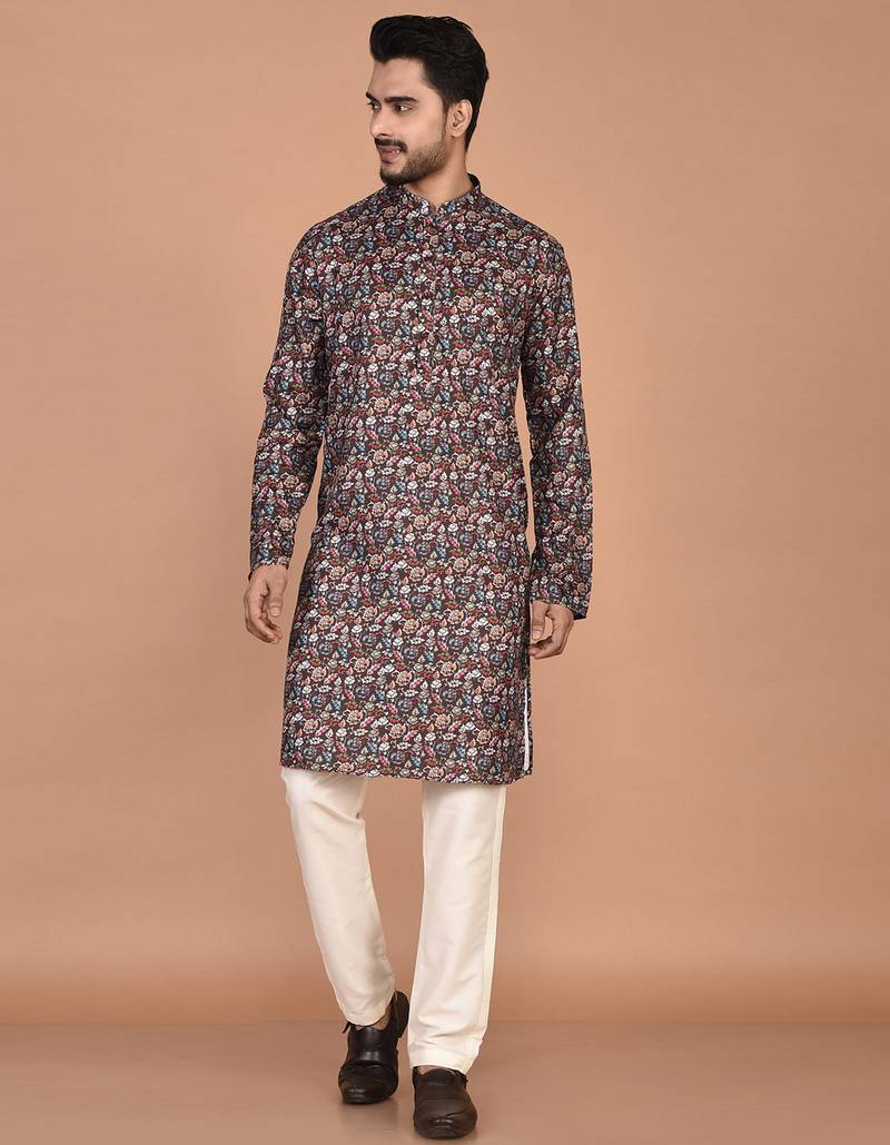 Men's floral printed cotton straight  kurta
