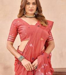 Peach linen festive saree with unstitched blouse piece