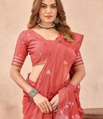 Peach linen festive saree with unstitched blouse piece