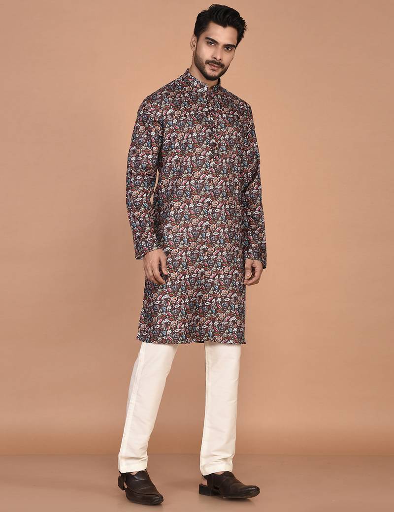 Men's floral printed cotton straight  kurta