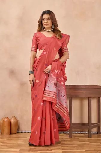 Peach linen festive saree with unstitched blouse piece