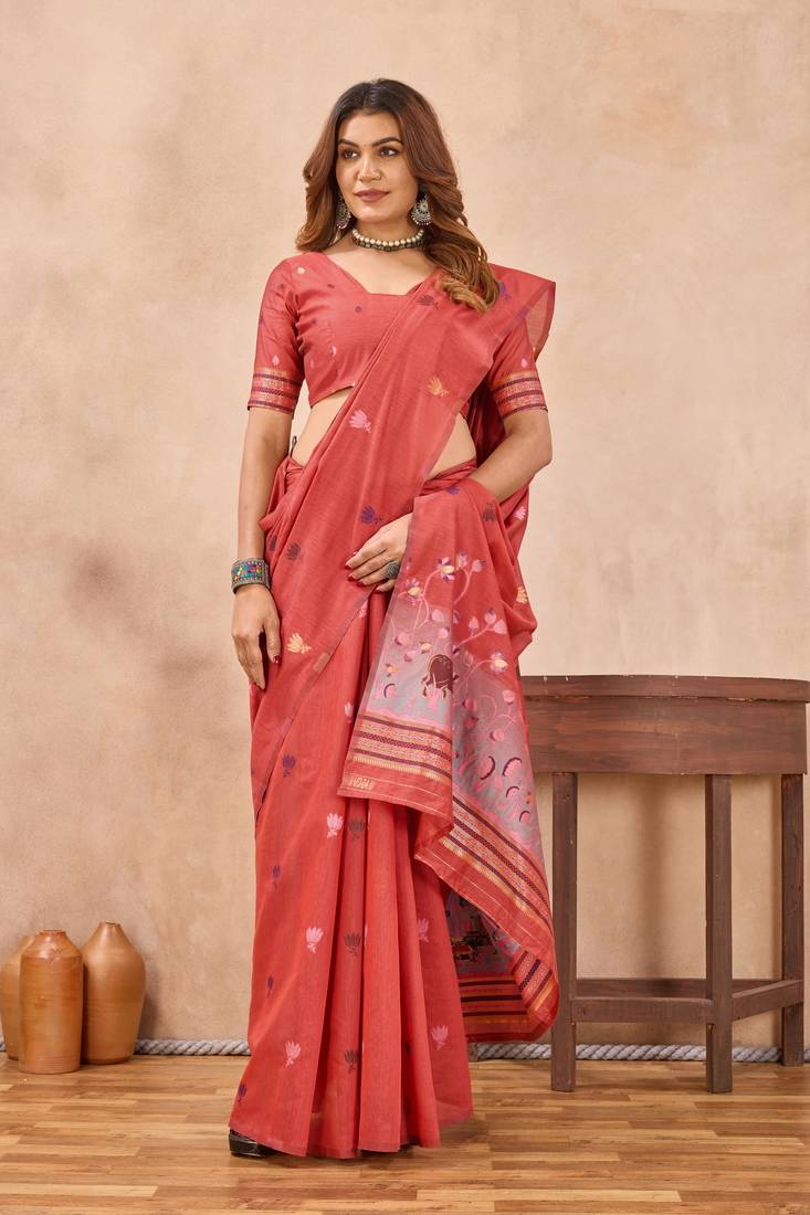 Peach linen festive saree with unstitched blouse piece