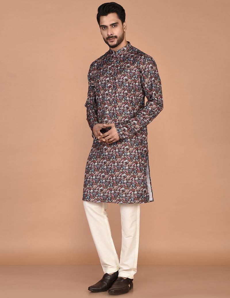 Men's floral printed cotton straight  kurta
