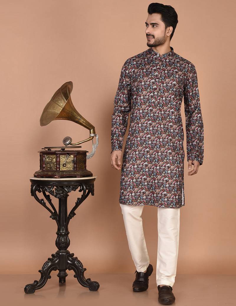 Men's floral printed cotton straight  kurta