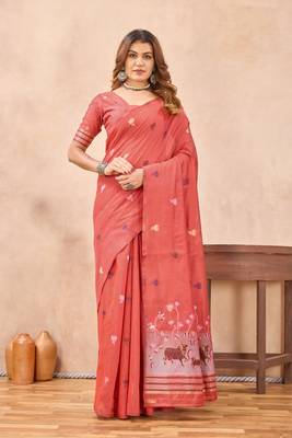 Peach linen festive saree with unstitched blouse piece 3