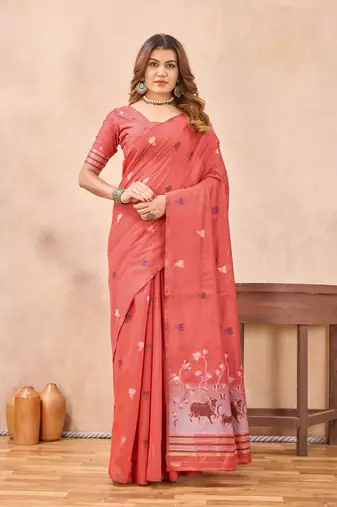 Peach linen festive saree with unstitched blouse piece