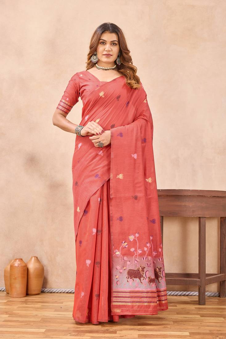 Peach linen festive saree with unstitched blouse piece