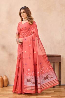 Peach linen festive saree with unstitched blouse piece 4
