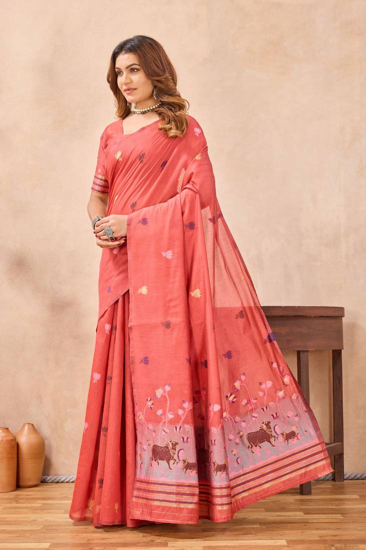Peach linen festive saree with unstitched blouse piece