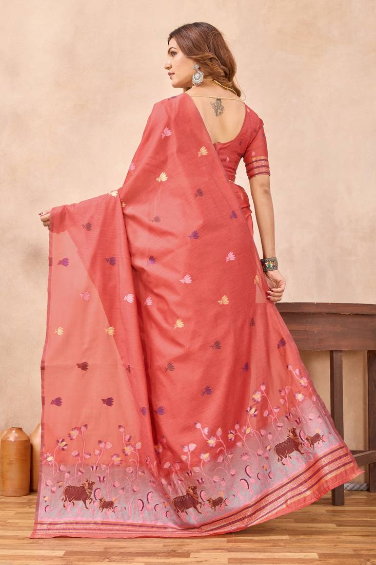 Peach linen festive saree with unstitched blouse piece