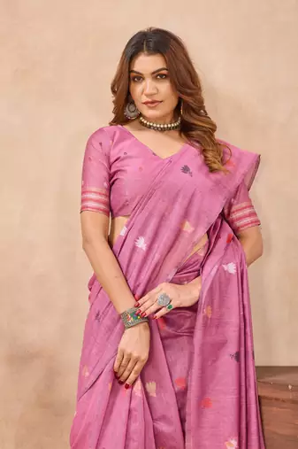 Pink linen designer party wear festive saree with unstitched blouse piece