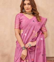 Pink linen festive saree with unstitched blouse piece
