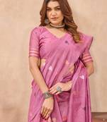Pink linen festive saree with unstitched blouse piece
