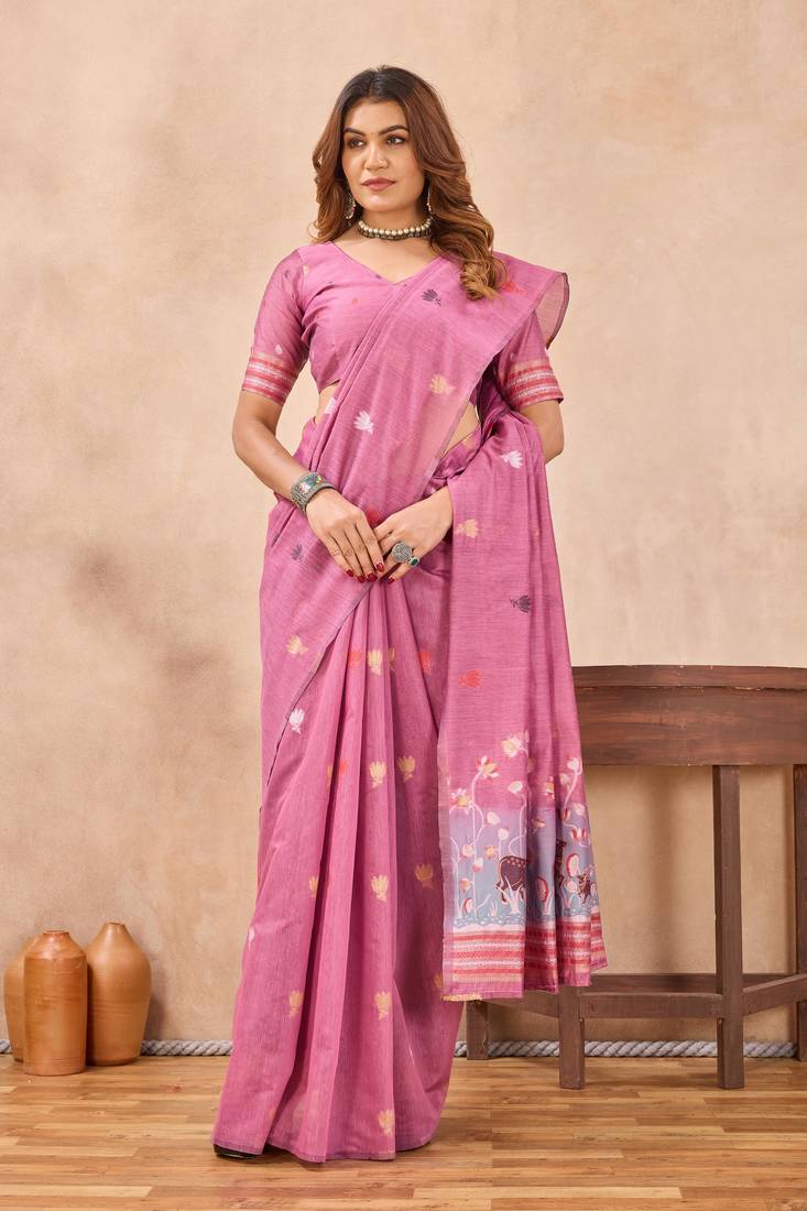 Pink linen festive saree with unstitched blouse piece