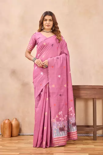 Pink linen festive saree with unstitched blouse piece
