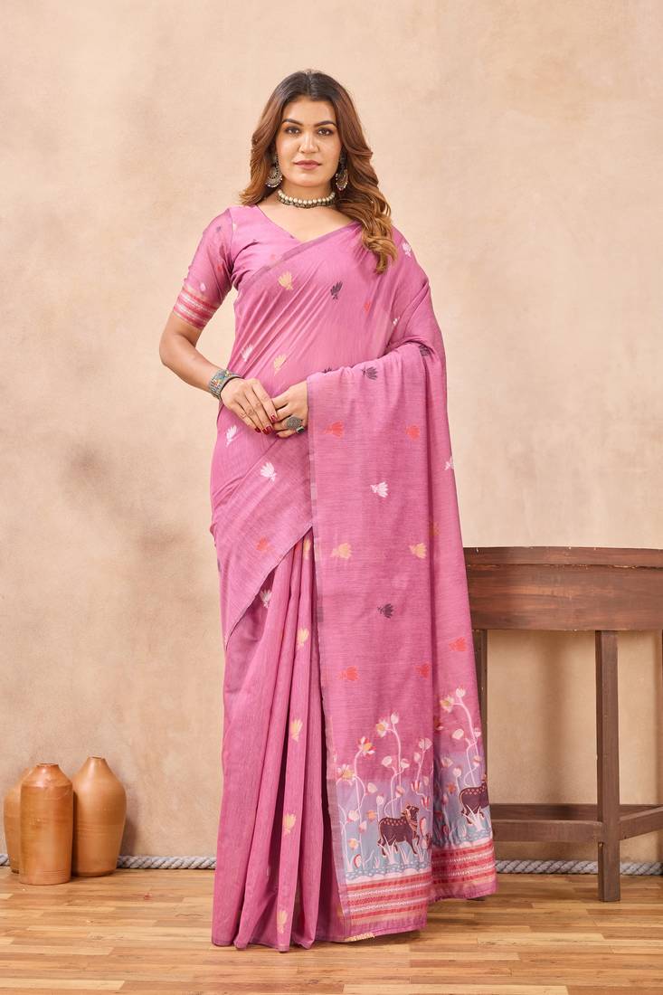 Pink linen festive saree with unstitched blouse piece