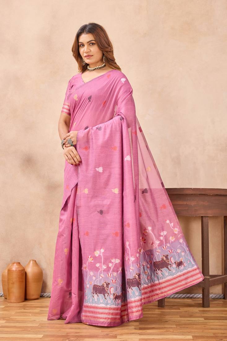 Pink linen festive saree with unstitched blouse piece