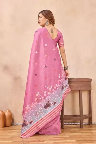 Pink linen festive saree with unstitched blouse piece