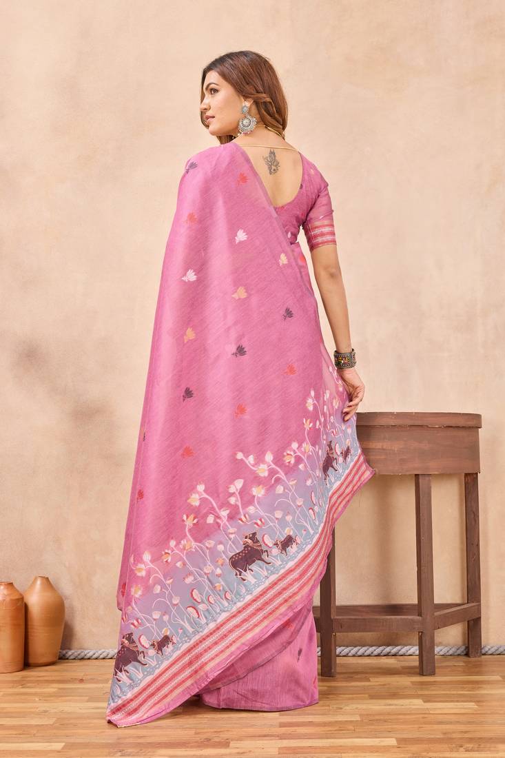 Pink linen festive saree with unstitched blouse piece